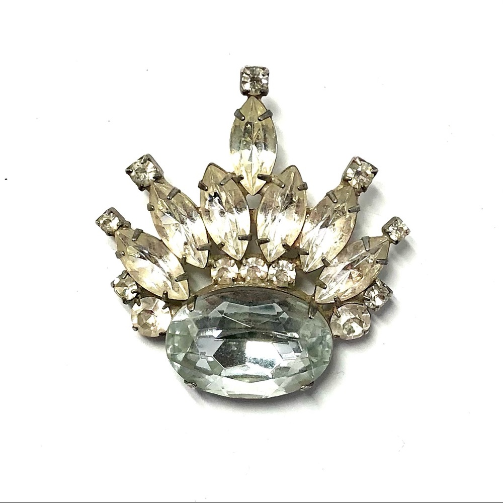 Large Silver White Rhinestone Crown Pin Brooch